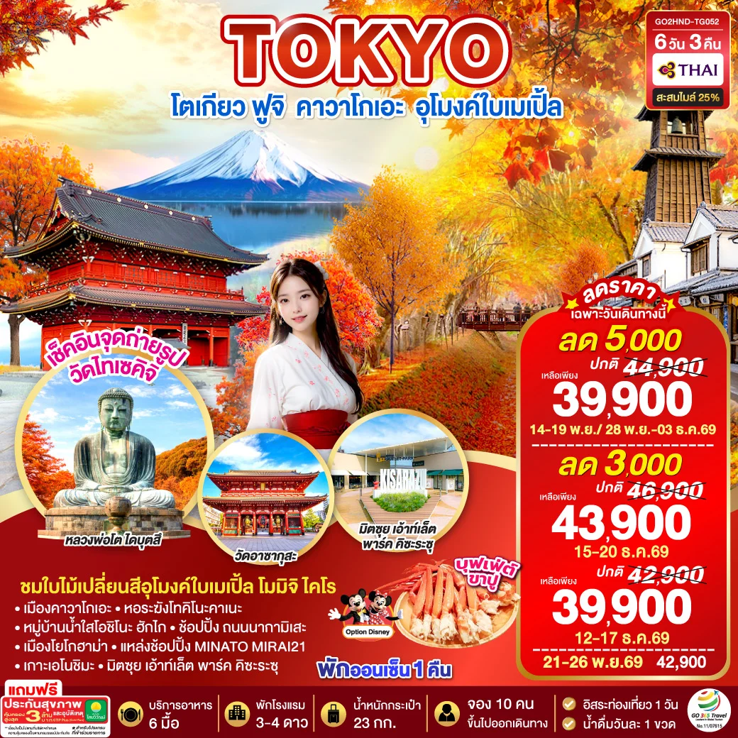 ทัวร์ญี่ปุ่น TOKYO FUJI MOMIJO KAIRO AUTUMN 6วัน 3คืน (TG)
