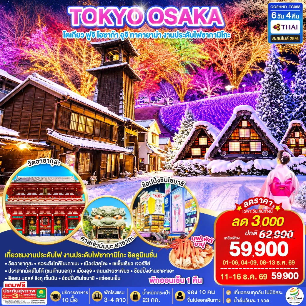 ทัวร์ญี่ปุ่น TOKYO OSAKA TAKAYAMA ILLUMINATION WINTER 6วัน 4คืน (TG)